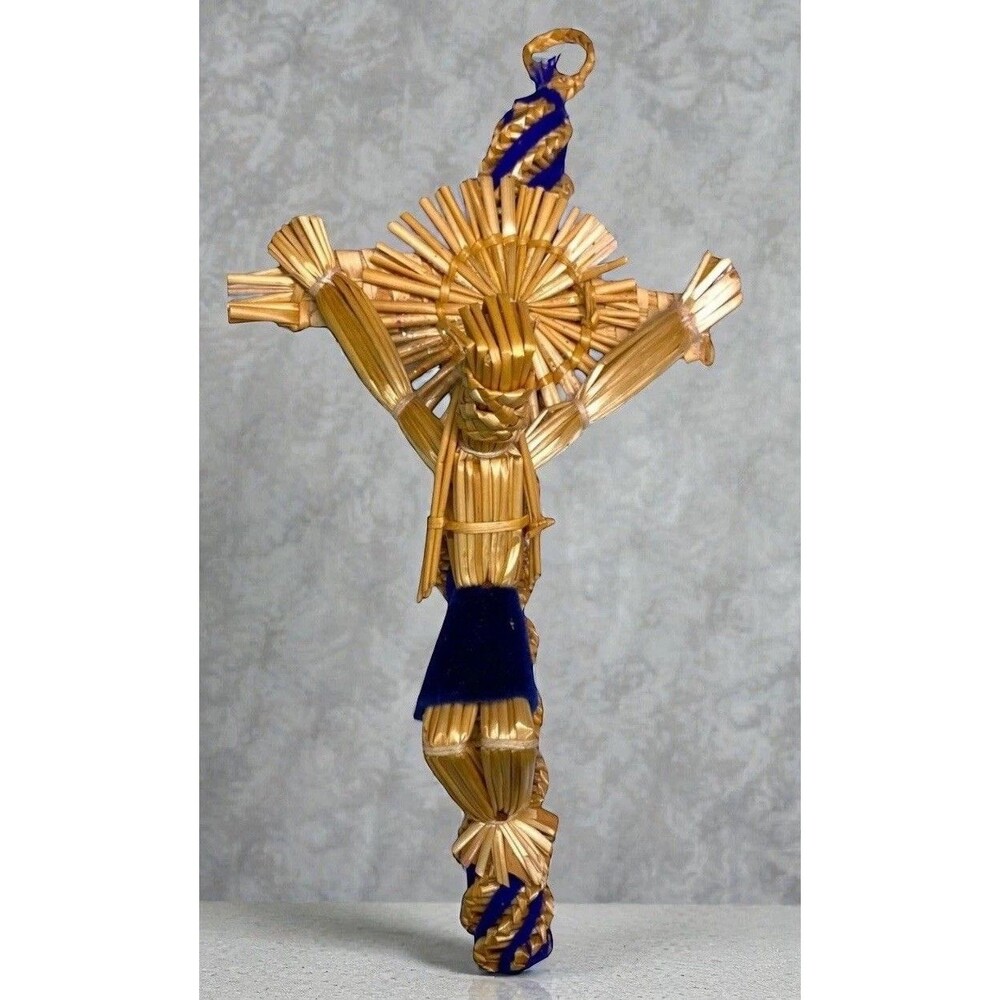 Vintage Mexican Folk Art Woven Straw Crucifix Jesus Christ Cross 8” Handmade